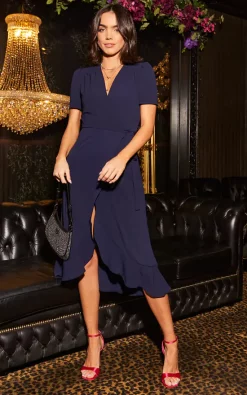 Short Sleeved Wrap Midi Dress With Frilled Hem In Navy -UK Skirt Sales 2023 2022 10 17 Mollie JohnZack42