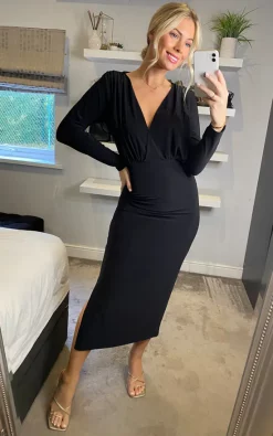 Abbey Long Sleeve Split Leg Midi Dress In Black