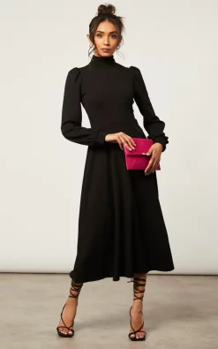 Black Turtle Neck Long Sleeve Skater Midi Dress With Keyhole