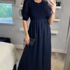 Round Neck Long Sleeves Maxi Dress With Smock Details In Navy -UK Skirt Sales 2023 2022 10 26 Sasha Danna67