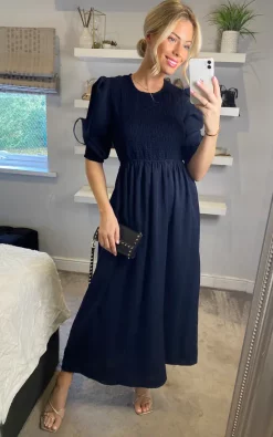 Round Neck Long Sleeves Maxi Dress With Smock Details In Navy -UK Skirt Sales 2023 2022 10 26 Sasha Danna68