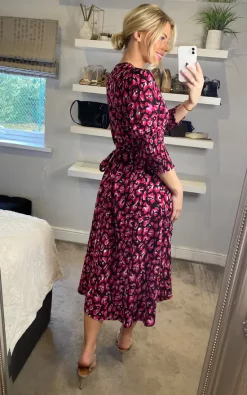 Pink Floral Print Long Sleeves Wrap Midi Dress With Smock Detail -UK Skirt Sales 2023 2022 10 26 Sasha Danna78