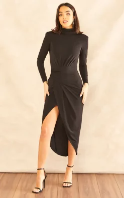 High Neck Wrap Skirt Long Sleeve Midi Dress In Black -UK Skirt Sales 2023 2022 11 08 Jen Mollie JohnZack15109