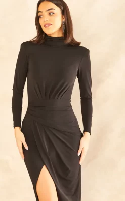 High Neck Wrap Skirt Long Sleeve Midi Dress In Black