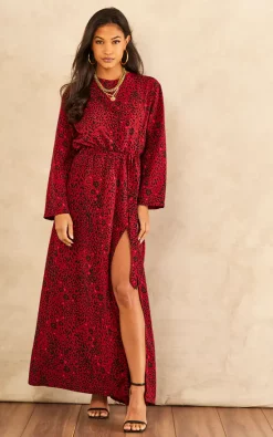 Red Leopard Print Long Sleeve Maxi Dress