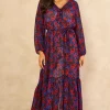 Red And Blue Floral Long Sleeve Tiered Dress
