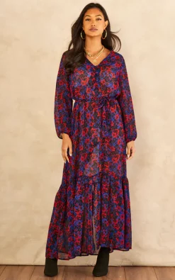 Red And Blue Floral Long Sleeve Tiered Dress