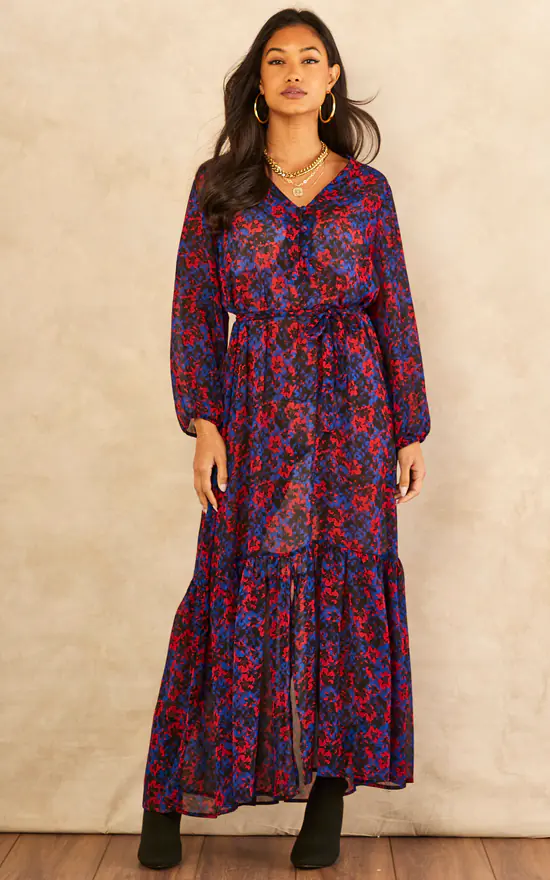 Red And Blue Floral Long Sleeve Tiered Dress 3 Red And Blue Floral Long Sleeve Tiered Dress