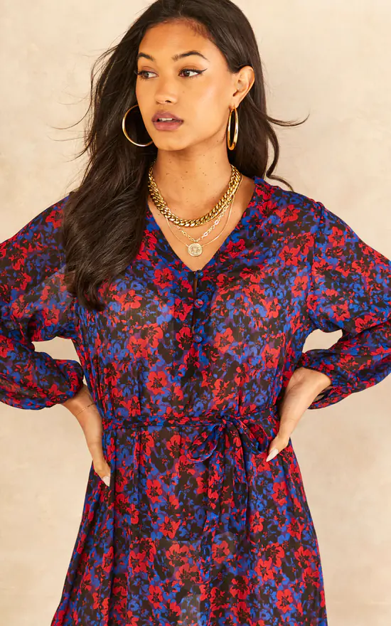 Red And Blue Floral Long Sleeve Tiered Dress 6 Red And Blue Floral Long Sleeve Tiered Dress - Image 4