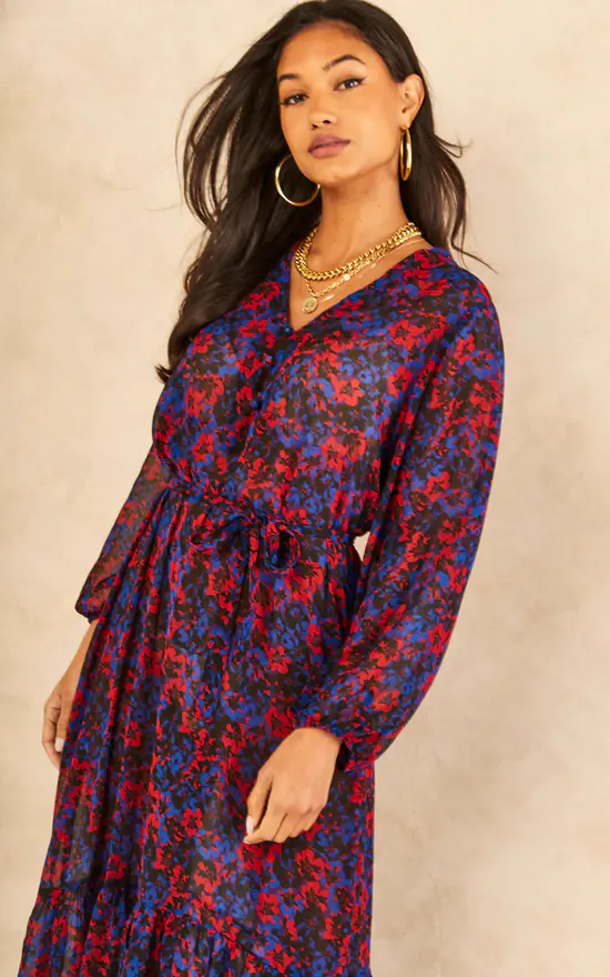 Red And Blue Floral Long Sleeve Tiered Dress 4 Red And Blue Floral Long Sleeve Tiered Dress - Image 2