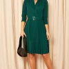 Long Sleeve Pleated Midi Wrap Dress With Belt In Green -UK Skirt Sales 2023 2022 11 23 Jen Mollie Dresco23819