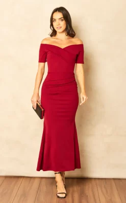 Bardot Off Shoulder Maxi Dress Burgundy