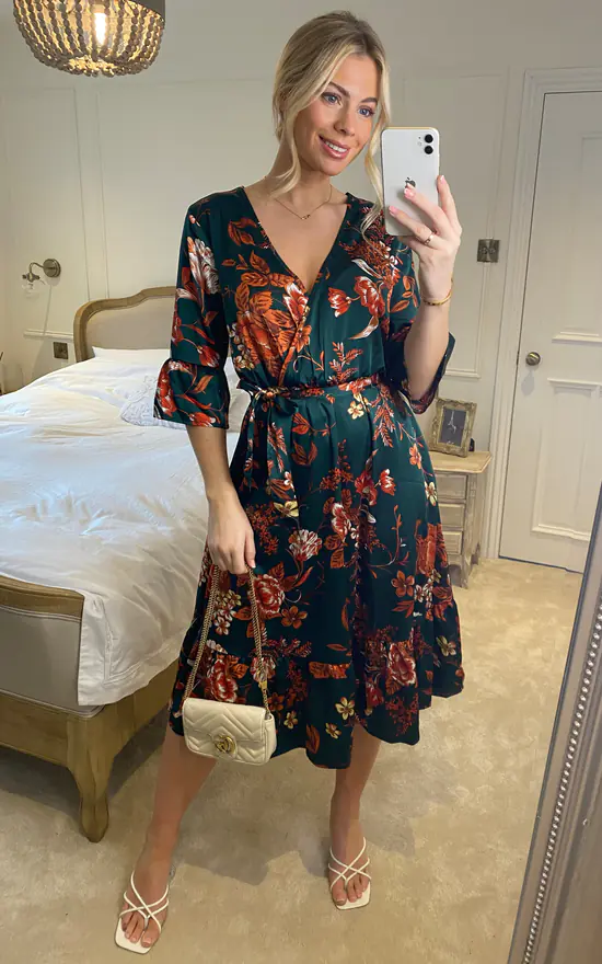 Green Floral Satin Wrapped Midi Dress 3 Green Floral Satin Wrapped Midi Dress