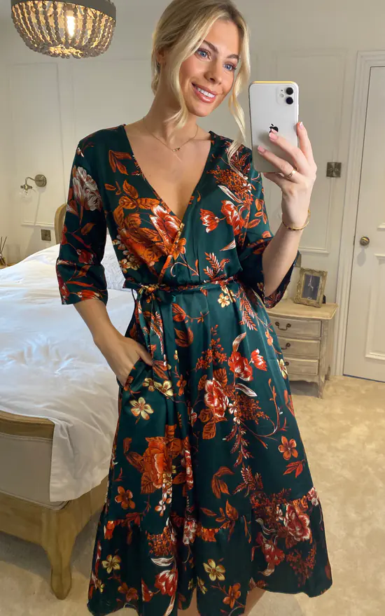Green Floral Satin Wrapped Midi Dress 4 Green Floral Satin Wrapped Midi Dress - Image 2