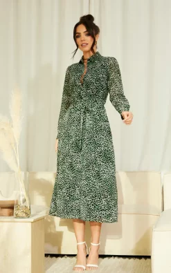 Long Sleeve Shirt Dress In Green Animal Print
