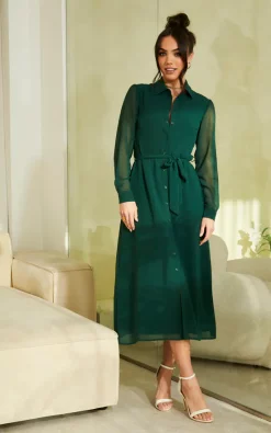 Long Sleeve Shirt Dress In Khaki