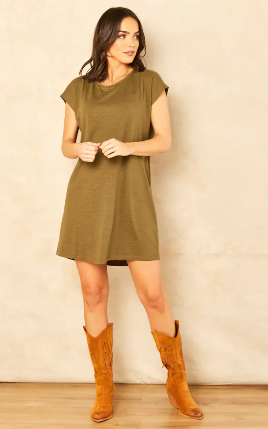 Noisy May Short Sleeve T Shirt Dress In Khaki 4 Noisy May Short Sleeve T Shirt Dress In Khaki - Image 2