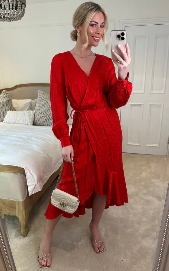 Long Sleeve Wrap Midaxi In Red Animal Jacquard With Ruffle Hem 5 Long Sleeve Wrap Midaxi In Red Animal Jacquard With Ruffle Hem - Image 3