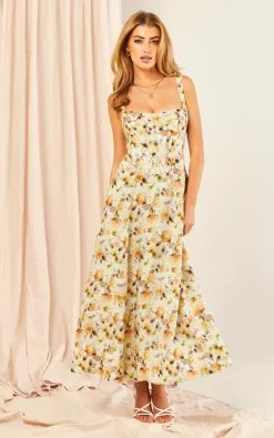 Bardot Midi Corset Dress In Yellow Floral Print