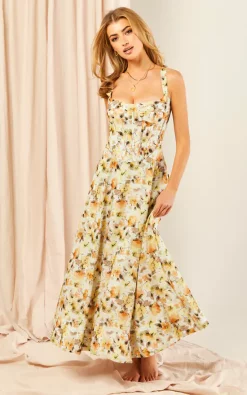 Bardot Midi Corset Dress In Yellow Floral Print -UK Skirt Sales 2023 2023 02 10 Jen Freya Bardot39728