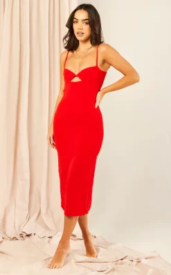 Bardot Cut Out Midi Dress In Red