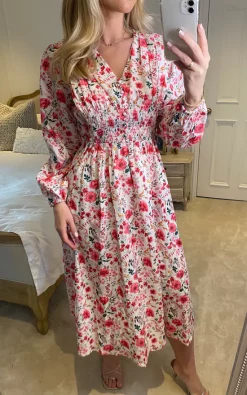 Pink Floral Print Midi Long Sleeves Dress With Smock Detail And Covered Buttons In White