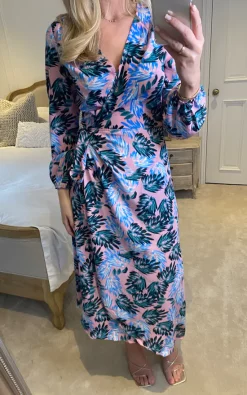 Floral Print Long Sleeves Wrap Dress With Belt Fastening In Multicolour