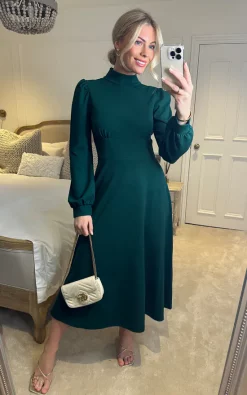 Green Long Sleeve Turtle Neck Midi Dress