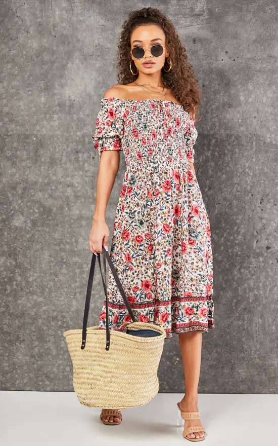 Pink & Mint Floral Print Boho Bardot Midi Dress In White 4 Pink & Mint Floral Print Boho Bardot Midi Dress In White - Image 2