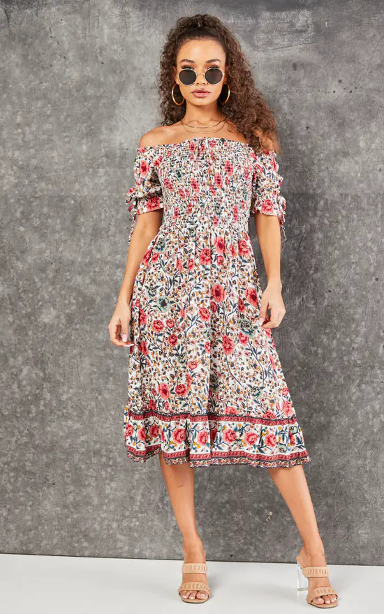 Pink & Mint Floral Print Boho Bardot Midi Dress In White 3 Pink & Mint Floral Print Boho Bardot Midi Dress In White