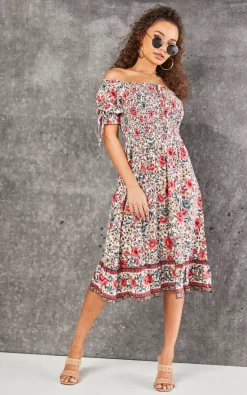 Pink & Mint Floral Print Boho Bardot Midi Dress In White 8 Pink & Mint Floral Print Boho Bardot Midi Dress In White -UK Skirt Sales 2023 2023 02 15 Tom Fetoma FScollection0227