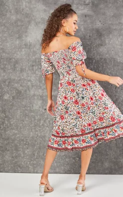 Pink & Mint Floral Print Boho Bardot Midi Dress In White 9 Pink & Mint Floral Print Boho Bardot Midi Dress In White -UK Skirt Sales 2023 2023 02 15 Tom Fetoma FScollection0257