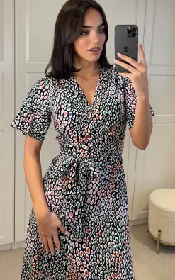 Leopard Print Midi Wrap Dress With Belt Fastening In Multicolour -UK Skirt Sales 2023 2023 02 22 Mollie Danna19