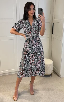 Leopard Print Midi Wrap Dress With Belt Fastening In Multicolour
