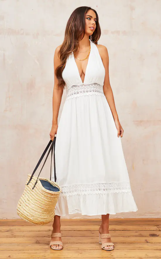 V Neck Back Tie Detail Lace Midi Dress In Ivory White 4 V Neck Back Tie Detail Lace Midi Dress In Ivory White - Image 2