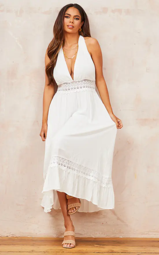 V Neck Back Tie Detail Lace Midi Dress In Ivory White 3 V Neck Back Tie Detail Lace Midi Dress In Ivory White