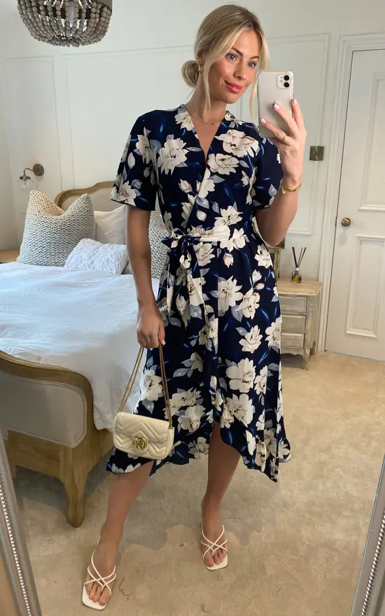 Mela Floral Print Midi Wrap Dress In Navy 4 Mela Floral Print Midi Wrap Dress In Navy - Image 2