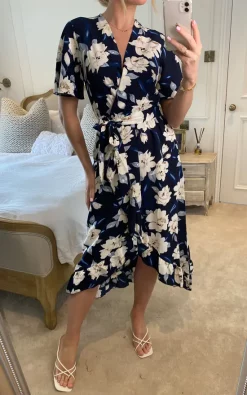 Mela Floral Print Midi Wrap Dress In Navy