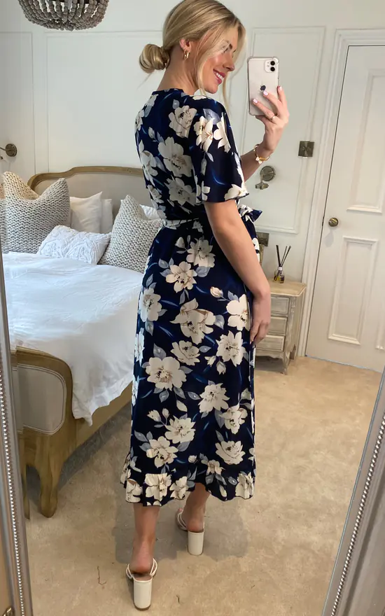 Mela Floral Print Midi Wrap Dress In Navy 6 Mela Floral Print Midi Wrap Dress In Navy - Image 4