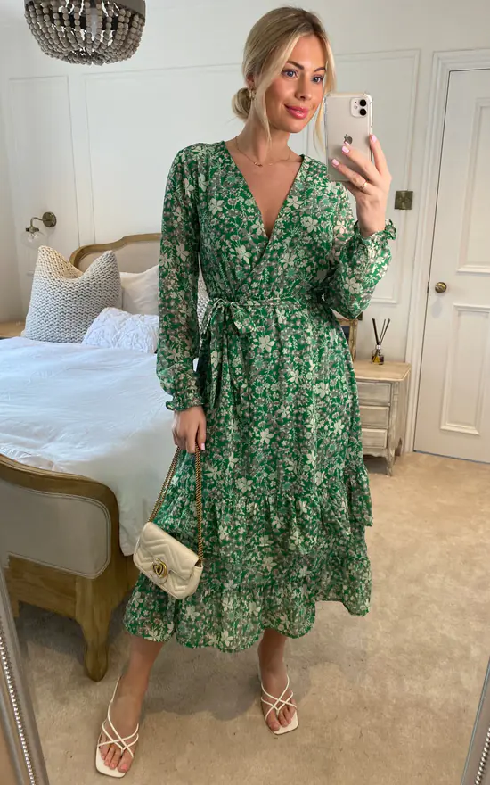 Yumi Floral Wrap Long Sleeve Tiered Midi Dress In Green 4 Yumi Floral Wrap Long Sleeve Tiered Midi Dress In Green - Image 2