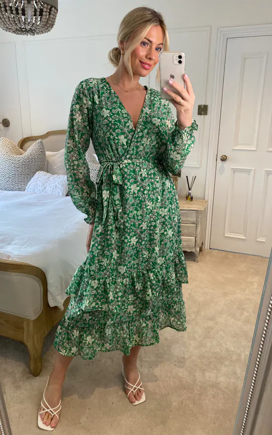 Yumi Floral Wrap Long Sleeve Tiered Midi Dress In Green 5 Yumi Floral Wrap Long Sleeve Tiered Midi Dress In Green - Image 3