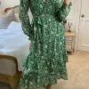 Yumi Floral Wrap Long Sleeve Tiered Midi Dress In Green -UK Skirt Sales 2023 2023 02 23 Sasha Yumi126
