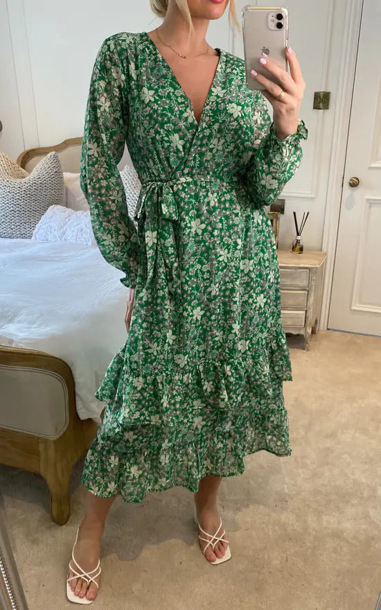 Yumi Floral Wrap Long Sleeve Tiered Midi Dress In Green 3 Yumi Floral Wrap Long Sleeve Tiered Midi Dress In Green