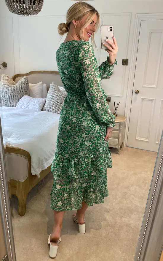 Yumi Floral Wrap Long Sleeve Tiered Midi Dress In Green 6 Yumi Floral Wrap Long Sleeve Tiered Midi Dress In Green - Image 4