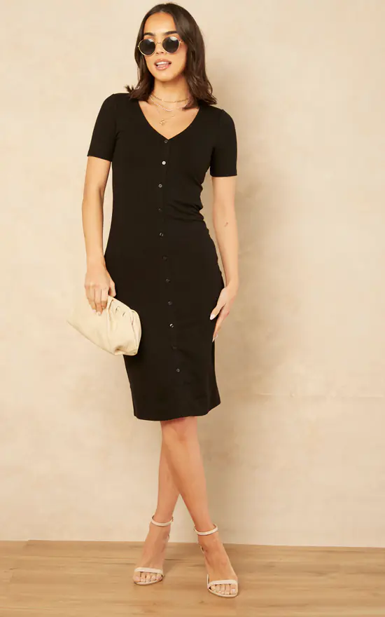 Vila Short Sleeve Button Up Midi Dress In Black 3 Vila Short Sleeve Button Up Midi Dress In Black