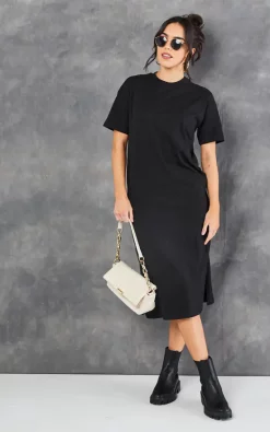 Short Sleeve Oversized Midi T Shirt Dress In Black