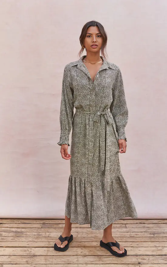 Long Sleeve Maxi Shirt Dress In Khaki Print 3 Long Sleeve Maxi Shirt Dress In Khaki Print
