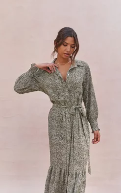 Long Sleeve Maxi Shirt Dress In Khaki Print 8 Long Sleeve Maxi Shirt Dress In Khaki Print -UK Skirt Sales 2023 ALINA DRESS KHAKI SPOTTED DRESS 3