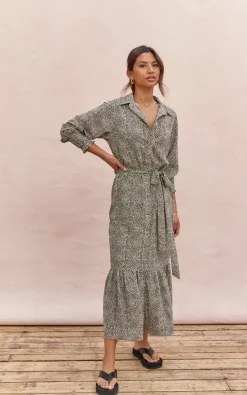 Long Sleeve Maxi Shirt Dress In Khaki Print 7 Long Sleeve Maxi Shirt Dress In Khaki Print -UK Skirt Sales 2023 ALINA DRESS KHAKI SPOTTED DRESS 9