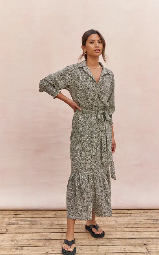 Long Sleeve Maxi Shirt Dress In Khaki Print 4 Long Sleeve Maxi Shirt Dress In Khaki Print - Image 2
